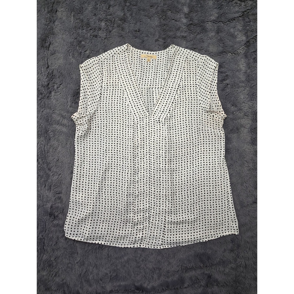 Serein Womens Polka Dot V-Neck Pleated Sleeveless Blouse White Black  L